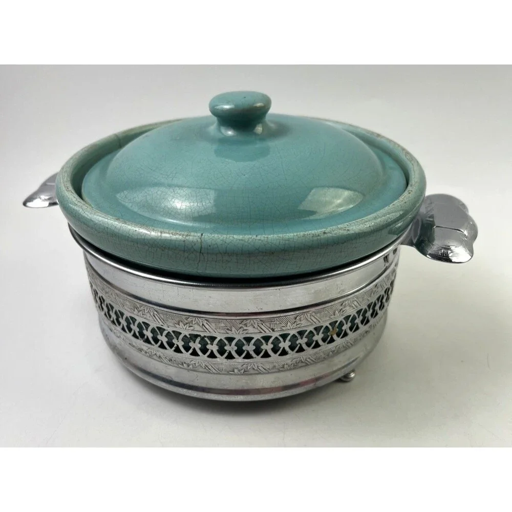 Vintage Faberware Turquoise Ceramic Covered Casserole Dish W/Metal Holder Below:
